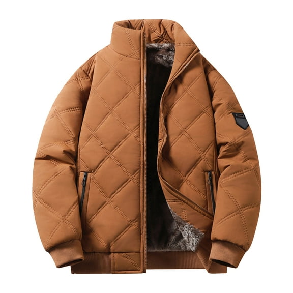 Men's Casual Solid Color Stand-up Collar Fleece-lined Diamond Checkered Warm Zip Cotton Jacket, Earth Yellow, Size M