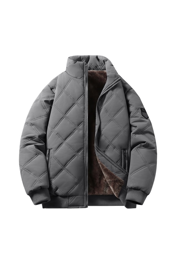 Men's Casual Solid Color Stand-up Collar Fleece-lined Diamond Checkered Warm Zip Cotton Jacket, Gray, Size L