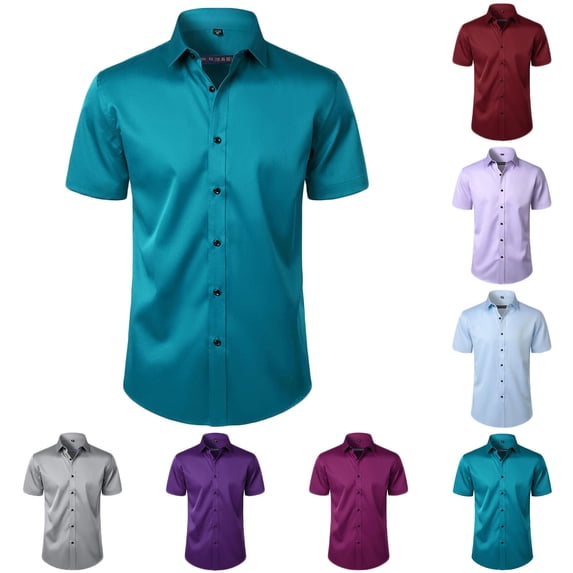 Men's Casual Solid Color Turn Down Collar Button Up Short Sleeve Shirt Blouse Top for Business Office Work and Daily Wear | AESTIVO,Gray L