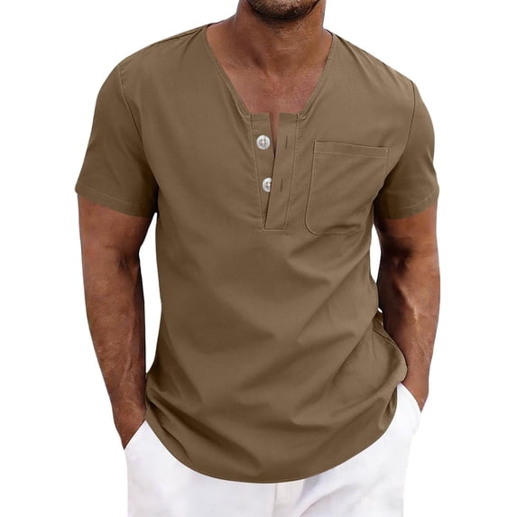 Men's Casual Solid Color V-Neck Short Sleeve Shirt with Button Pocket