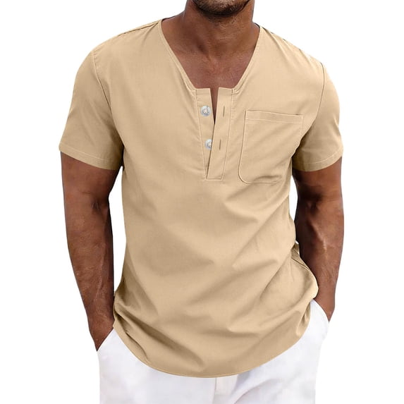 Men's Casual Solid Color V-Neck Short Sleeve Shirt with Button Pocket