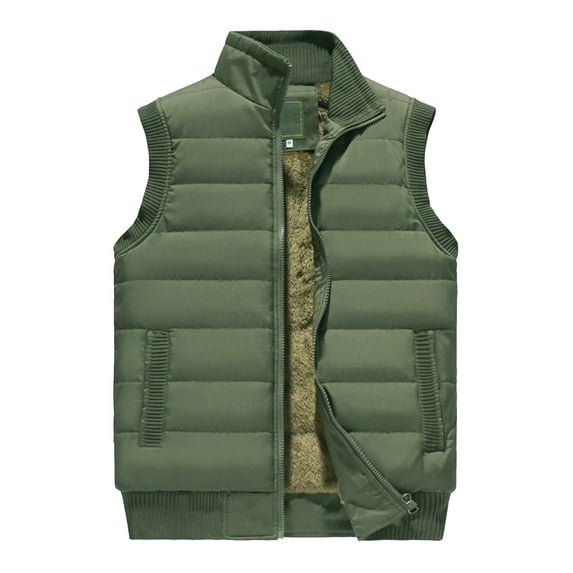 Men's Casual Solid Color Vest - Stand-up Collar Zip-up Fleece-lined Warm Sleeveless Jacket, Army Green, Size L