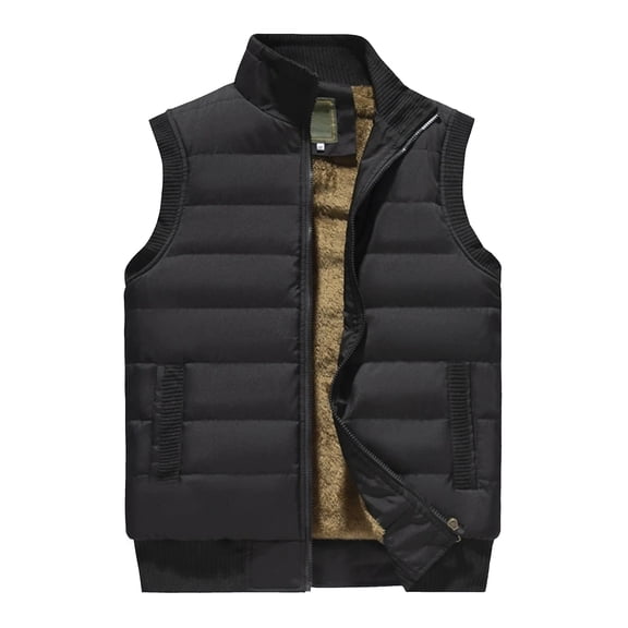 Men's Casual Solid Color Vest - Stand-up Collar Zip-up Fleece-lined Warm Sleeveless Jacket, Black, Size M