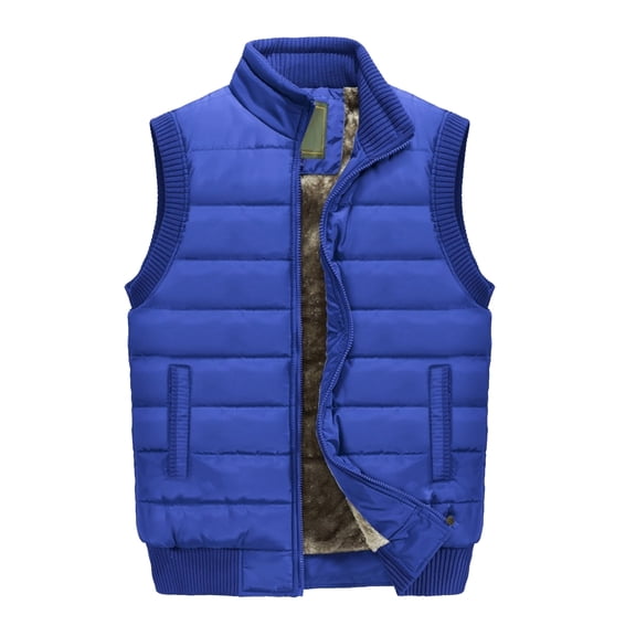 Men's Casual Solid Color Vest - Stand-up Collar Zip-up Fleece-lined Warm Sleeveless Jacket, Blue, Size M