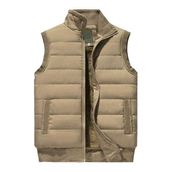 Men's Casual Solid Color Vest - Stand-up Collar Zip-up Fleece-lined Warm Sleeveless Jacket, Khaki, Size XXL