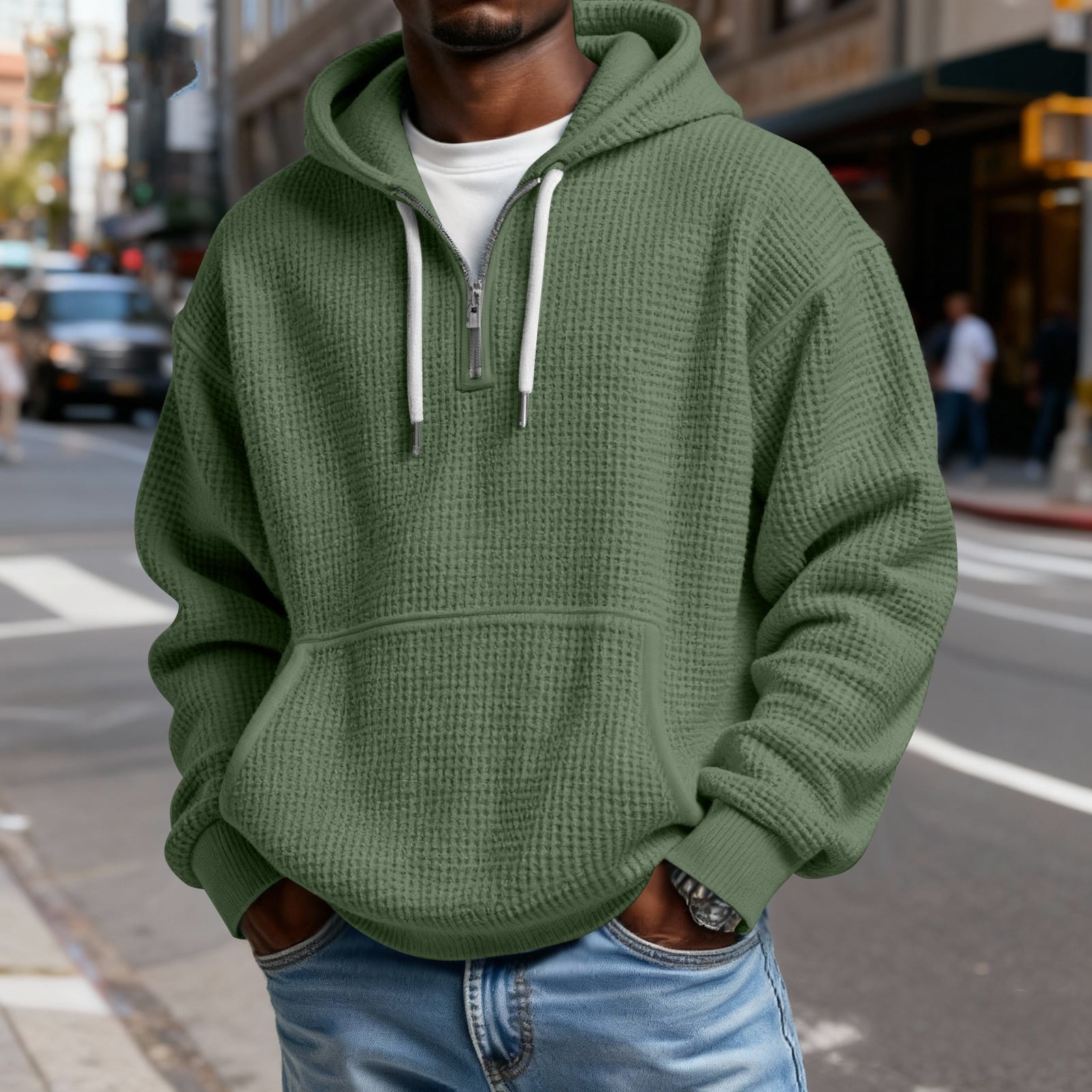 Men's Casual Solid Color Waffle Zipper Long Sleeve Hooded Sweatshirt Army Green M
