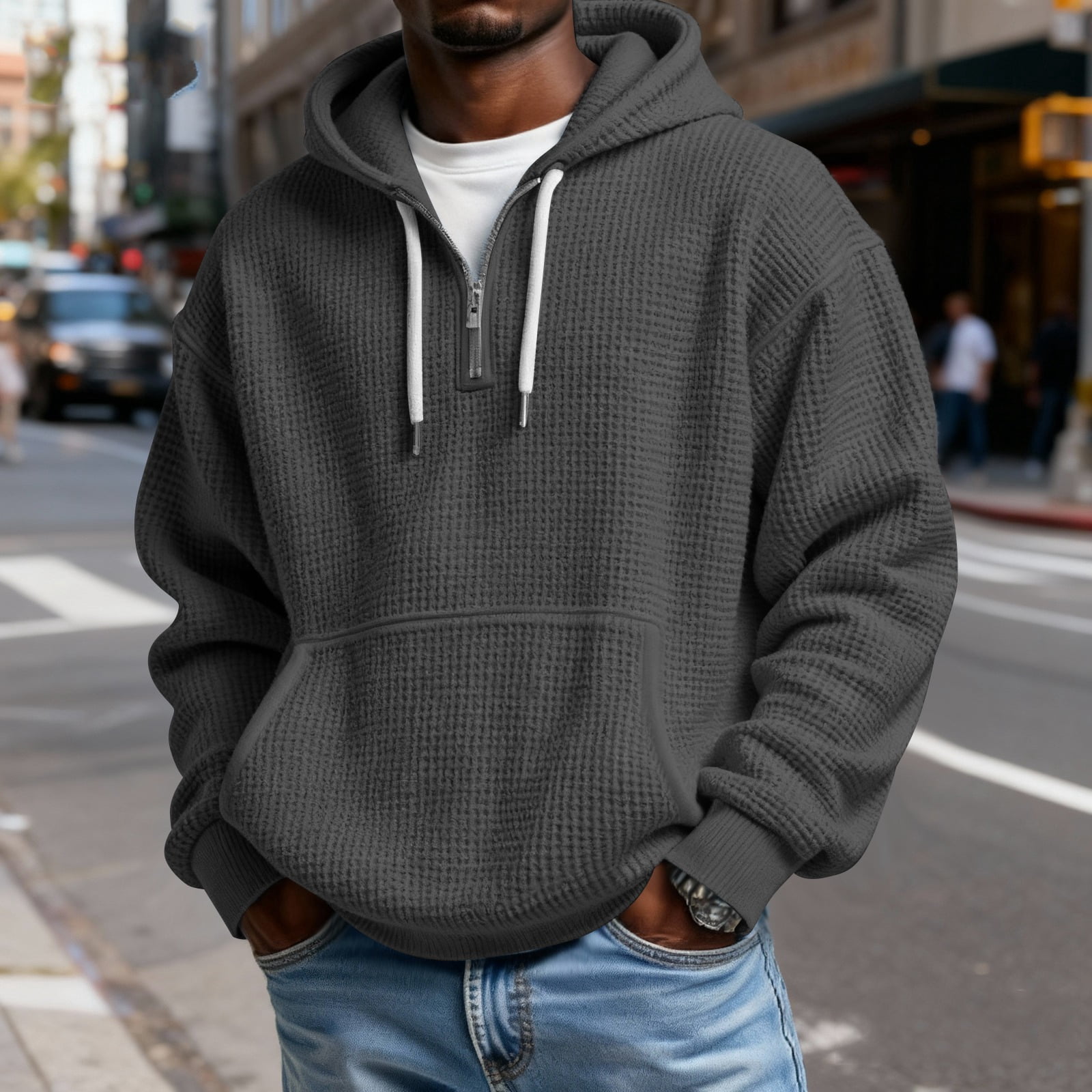 Men's Casual Solid Color Waffle Zipper Long Sleeve Hooded Sweatshirt Black 3XL