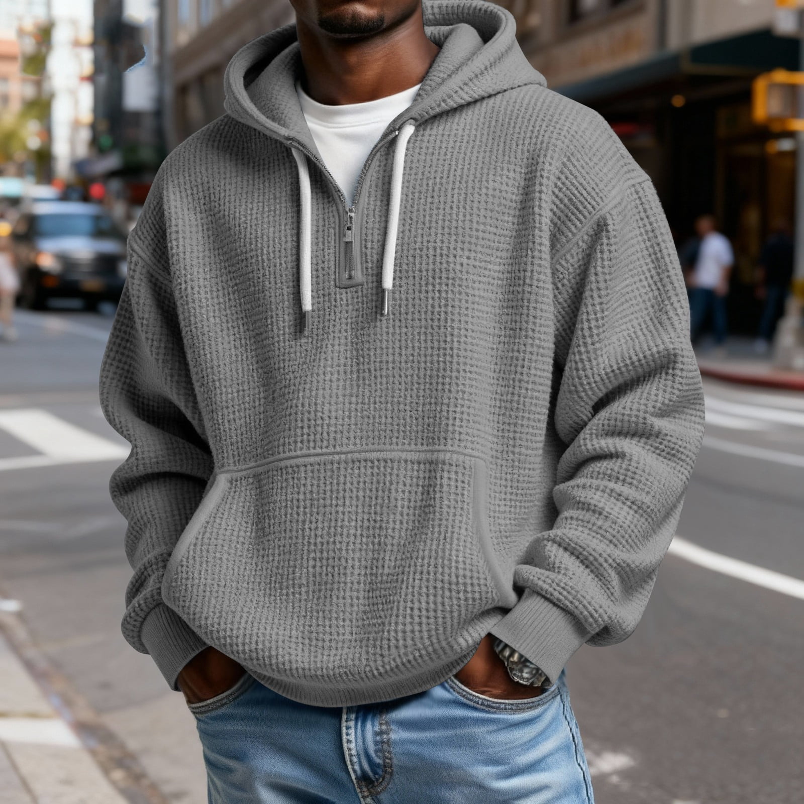 Men's Casual Solid Color Waffle Zipper Long Sleeve Hooded Sweatshirt Gray 4XL