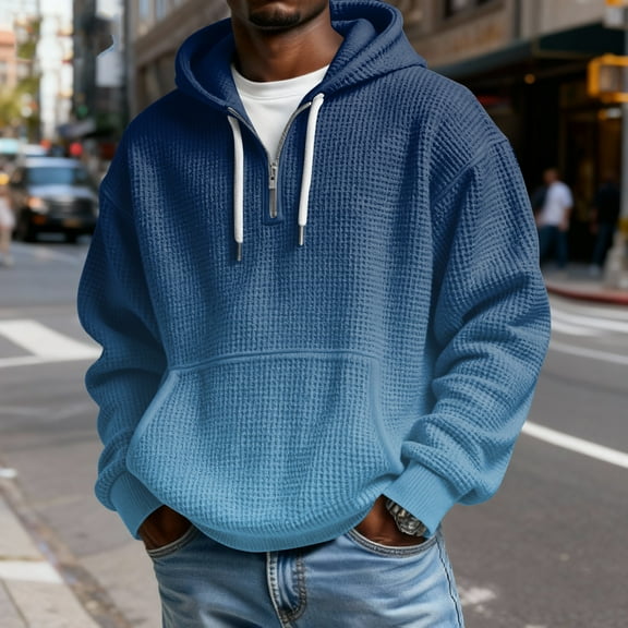 Men's Casual Solid Color Waffle Zipper Long Sleeve Hooded Sweatshirt Navy L