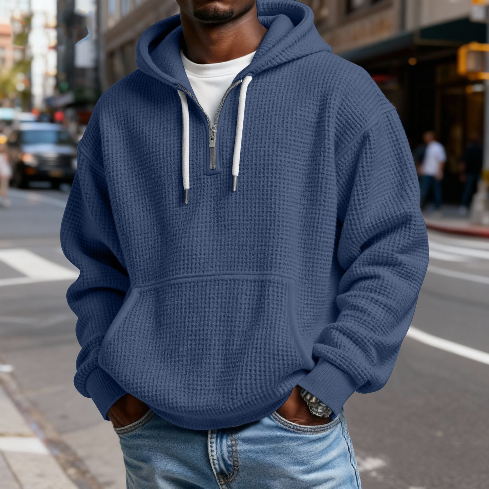 Men's Casual Solid Color Waffle Zipper Long Sleeve Hooded Sweatshirt Navy L