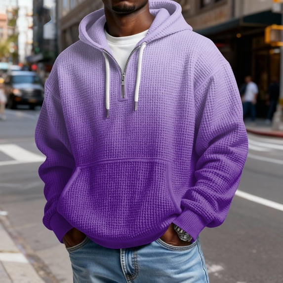 Men's Casual Solid Color Waffle Zipper Long Sleeve Hooded Sweatshirt Purple XL