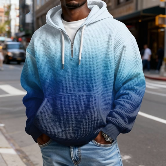 Men's Casual Solid Color Waffle Zipper Long Sleeve Hooded Sweatshirt White M