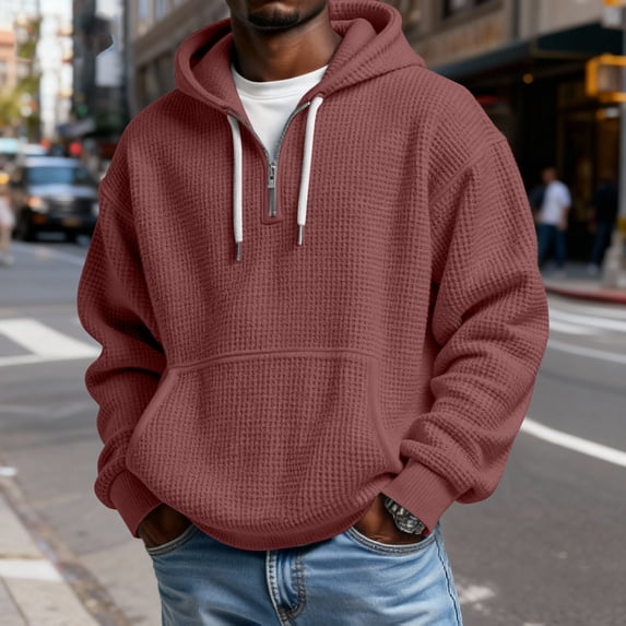 Men's Casual Solid Color Waffle Zipper Long Sleeve Hooded Sweatshirt Wine 2XL