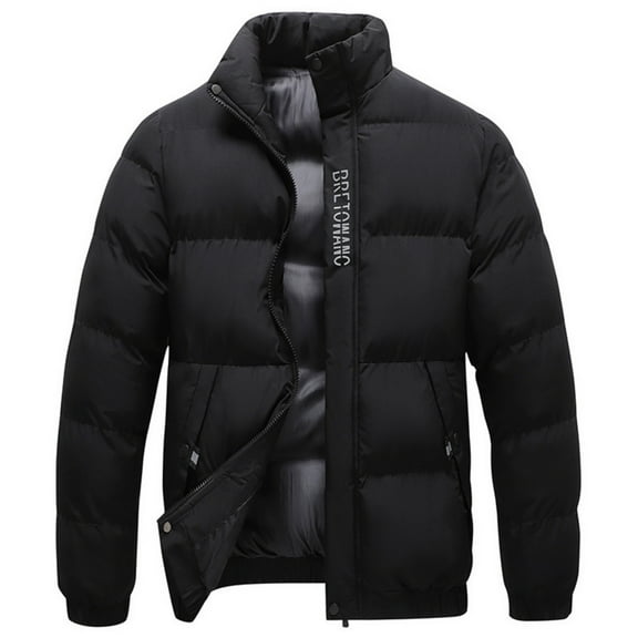Men's Casual Solid Color Warm Cotton-padded Jacket (Bread Coat) - Stand-up Collar Thickened Zip Cotton Coat (BRETOWANO), Black, Size L