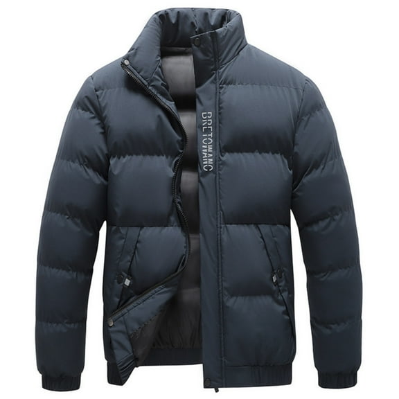 Men's Casual Solid Color Warm Cotton-padded Jacket (Bread Coat) - Stand-up Collar Thickened Zip Cotton Coat (BRETOWANO), Dark Blue, Size L