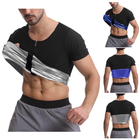 Men's Casual Solid Color Zipper Blouses, PU Toning Girdling Top - Short Sleeve Round Neck Fitness Sports T-Shirt - Athletic Weightlifting Compression Gym Wear Street | Zenithor,Blue 4XL