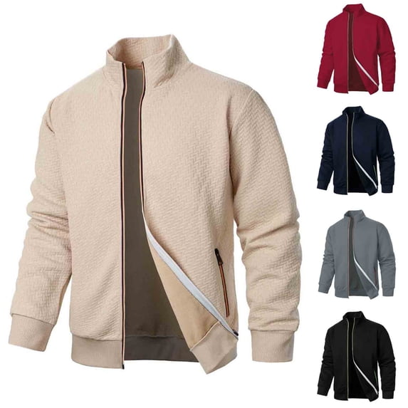 Men's Casual Solid Color Zipper Cardigan Long Sleeve Stand Collar Jacket Tops, Polyester Knit Lightweight, Slim Fit Outdoor Work Daily Fashion Gift | JASKFLY,Red S