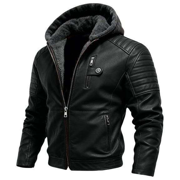 Men's Casual Solid-Colored Leather Jacket, Full-Zip Hooded Biker Jacket, Black, XL