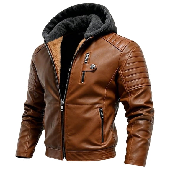 Men's Casual Solid-Colored Leather Jacket, Full-Zip Hooded Biker Jacket, Earth Yellow, M