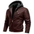 thumbnail image 1 of Men's Casual Solid-Colored Leather Jacket, Full-Zip Hooded Biker Jacket, Wine Red, M, 1 of 6