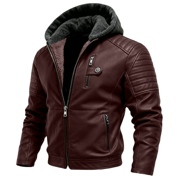 Men's Casual Solid-Colored Leather Jacket, Full-Zip Hooded Biker Jacket, Wine Red, M