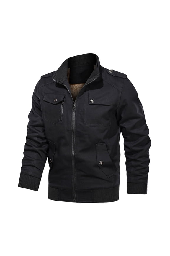 Men's Casual Solid Colour Standing Collar Full Zip Long Sleeve Pocket Jacket Windbreaker Loose Padded Jacket