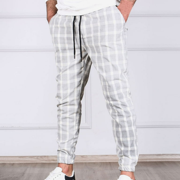 Men's Casual Solid Cutton Pants Mid Waist Straight Trousers Button Closure  Thick Striped Plaid Pattern Lace-up Elastic Pencil Pants Sweatpants Trousers  Full Length Pants 