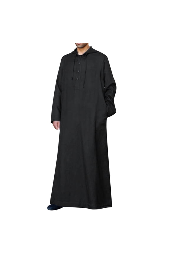 Men's Casual Solid Hooded Robe Long Sleeve Button Pocket Jubba Thobe - Polyester, Durable, All Season, Daily/Casual Wear, Gift