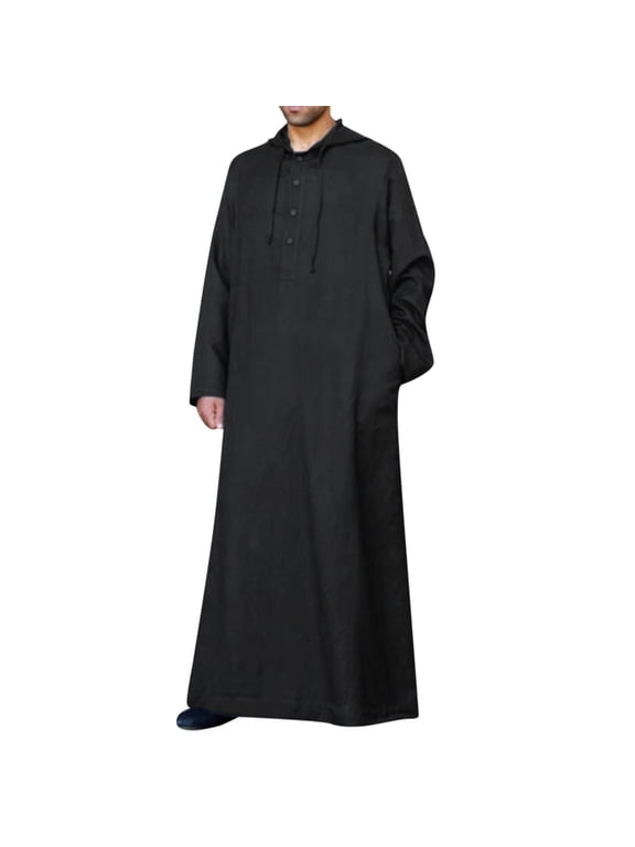Men's Casual Solid Hooded Robe Long Sleeve Button Pocket Jubba Thobe - Polyester, Durable, All Season, Daily/Casual Wear, Gift