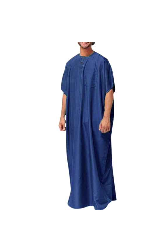 Men's Casual Solid Round Neck Muslim Robe Long Sleeve Button Pocket Jubba Thobe - Polyester, All Season, Daily/Casual Look, Great Gift Idea
