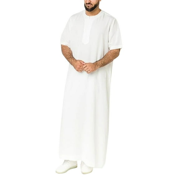 Men's Casual Solid Round Neck Zipper Robe - Short Sleeve Jubba Thobe, Plain Cloth, All-Season Fashion and Leisure Style