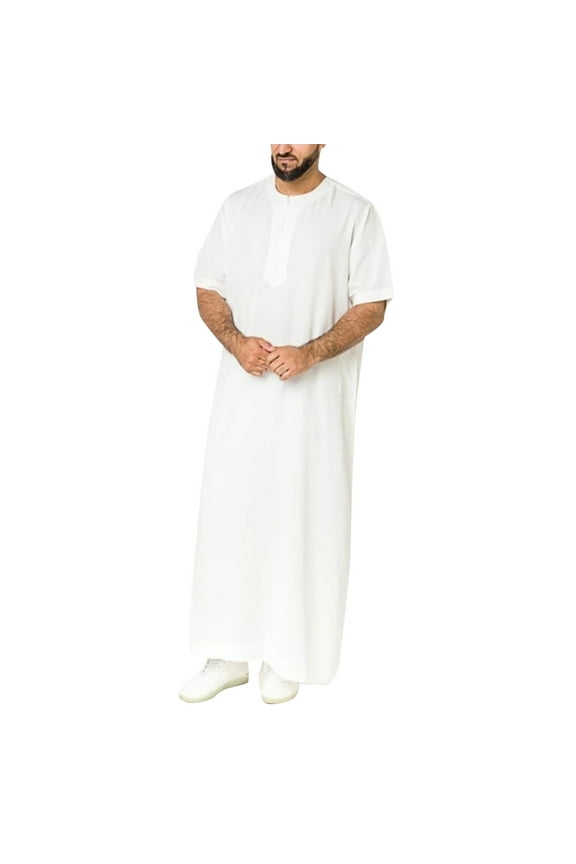 Men's Casual Solid Round Neck Zipper Robe - Short Sleeve Jubba Thobe, Plain Cloth, All-Season Fashion and Leisure Style