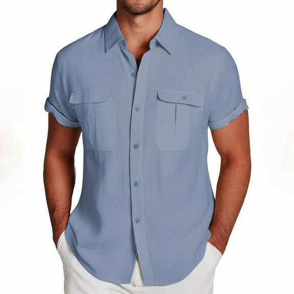 Men's Casual Solid Short Sleeve Shirt - Polyester, Double Pocket, Turn-Down Collar, Lightweight for Daily/Vacation (S-XXXXXL)