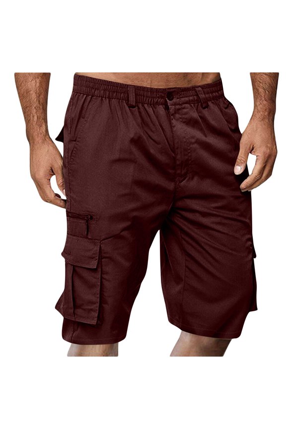 Men's Casual Solid Shorts with Elastic Waist, Multi-Pocket Design for Outdoor and Daily Wear