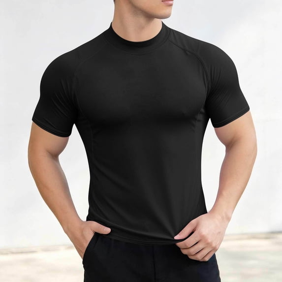 Men's Casual Solid Stand-Up Collar Short Sleeve Shirt Fitness Top