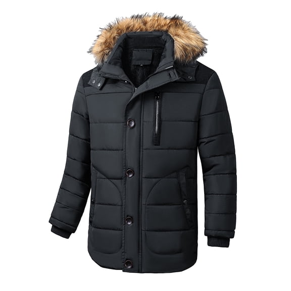 Men's Casual Solid Zipper Pocket Long Sleeve Coat Furry Collar Hat Detachable Parkas Warm Coat