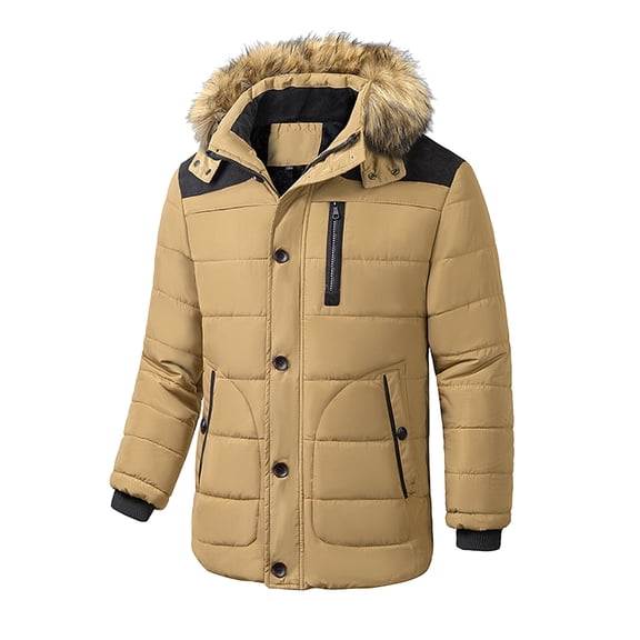 Men's Casual Solid Zipper Pocket Long Sleeve Coat Furry Collar Hat Detachable Parkas Warm Coat