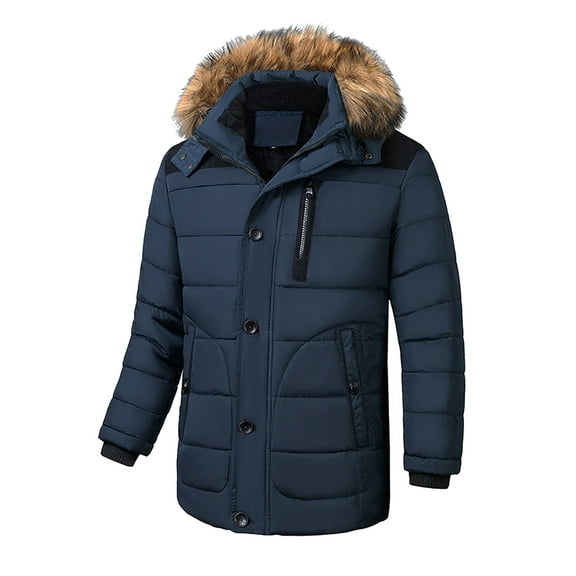 Men's Casual Solid Zipper Pocket Long Sleeve Coat Furry Collar Hat Detachable Parkas Warm Coat