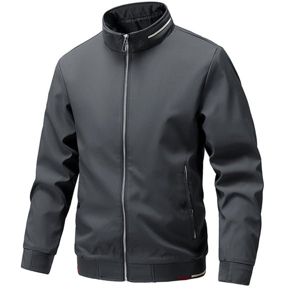 Men's Casual Solid-color Stand-up Collar Fitted Jacket with Windbreaker Design, Men's Zipper Baseball Shirt Light Jacket for Sports and Casual,Dark Gray,L
