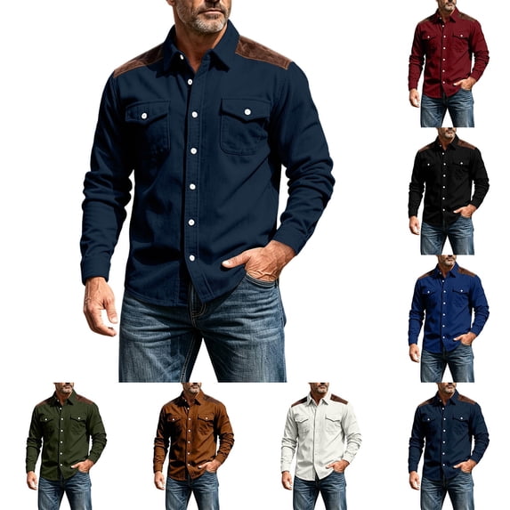 Men's Casual Splicing Corduroy Button Up Shirt Classic Fit Long Sleeve Fall Winter Top with Utility Pockets