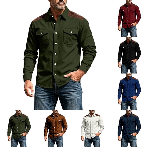 Men's Casual Splicing Corduroy Button Up Shirt Classic Fit Long Sleeve Fall Winter Top with Utility Pockets