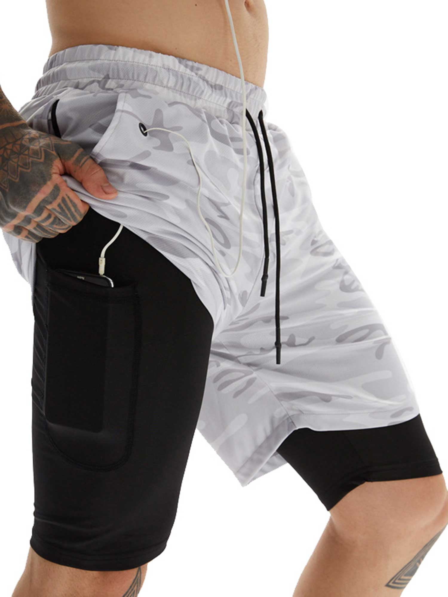 Men's Casual Sport Shorts 2 in 1 Running Shorts with Pocket Quick-drying  Fitness Double Layer Short Pants Workout Jogging Bottoms 