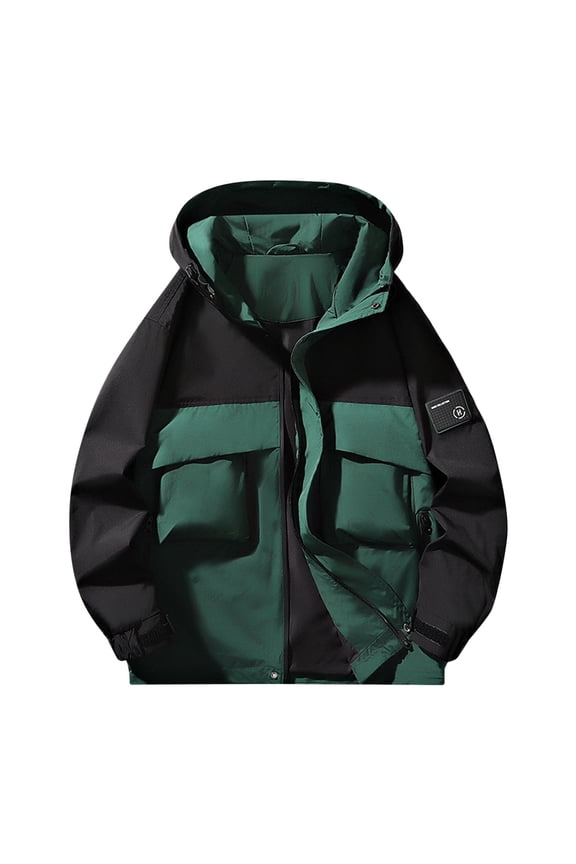 Men's Casual Sports Hooded Jacket Lightweight Loose Fit High Street Patchwork Functional Coat with Pockets