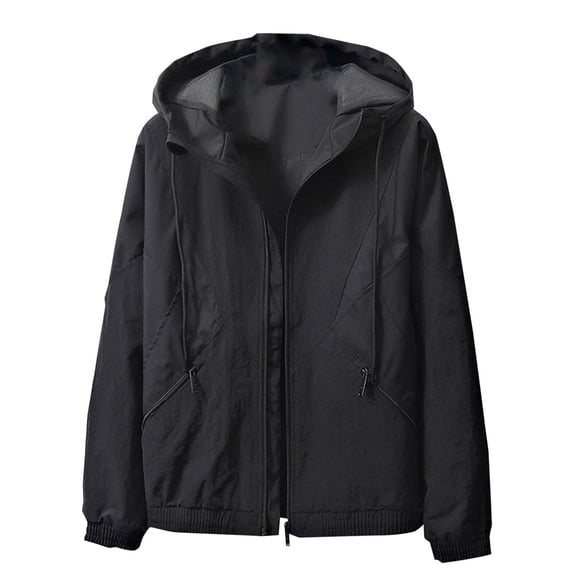 Men's Casual Sports Jackets Vintage Zipper Solid Color Drawstring Coat with Pocket Long Sleeved Loose Pull Rope Hooded Casual Jacket