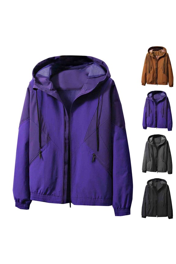 Men's Casual Sports Jackets Vintage Zipper Solid Color Drawstring Coat with Pocket Long Sleeved Loose Pull Rope Hooded Casual Jacket