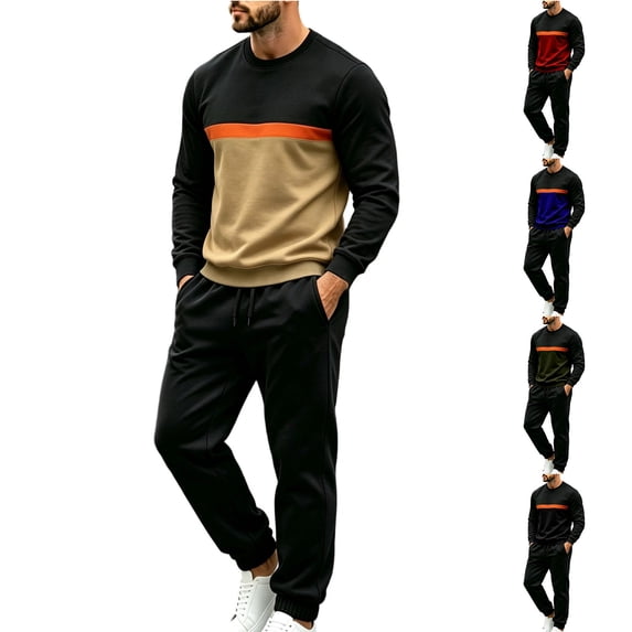 Men's Casual Sports Two-Piece Set - Color-Blocked Round-Neck Top With Elasticated Bottom Pants Set Army Green Xxxl