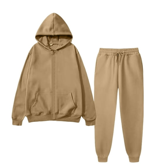 Men's Casual Sports Zipper Fleece Hooded Sweatshirt and Sweatpants Solid Color Set, Warm and Comfortable for Winter Activities and Lounge,Camel,M
