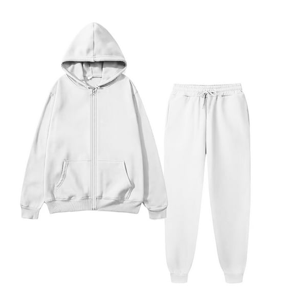 Men's Casual Sports Zipper Fleece Hooded Sweatshirt and Sweatpants Solid Color Set, Warm and Comfortable for Winter Activities and Lounge,White,2XL