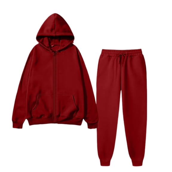 Men's Casual Sports Zipper Fleece Hooded Sweatshirt and Sweatpants Solid Color Set, Warm and Comfortable for Winter Activities and Lounge,Wine,M