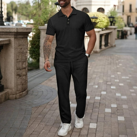 Men's Casual Sportswear Set, Active Wear Outfit with Short Sleeve Button Top and Elastic Drawstring Pants